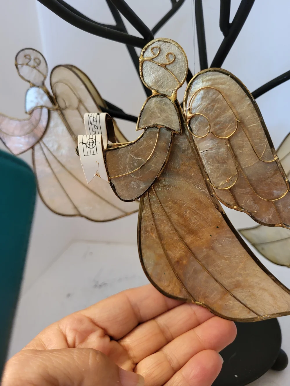 Vintage Capiz Shell Brass Angel Ornaments Set/3